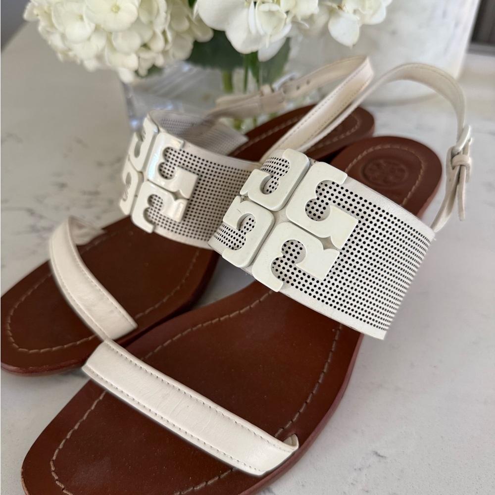 Tory Burch White and Brown Perforated Logo Strap Sandals